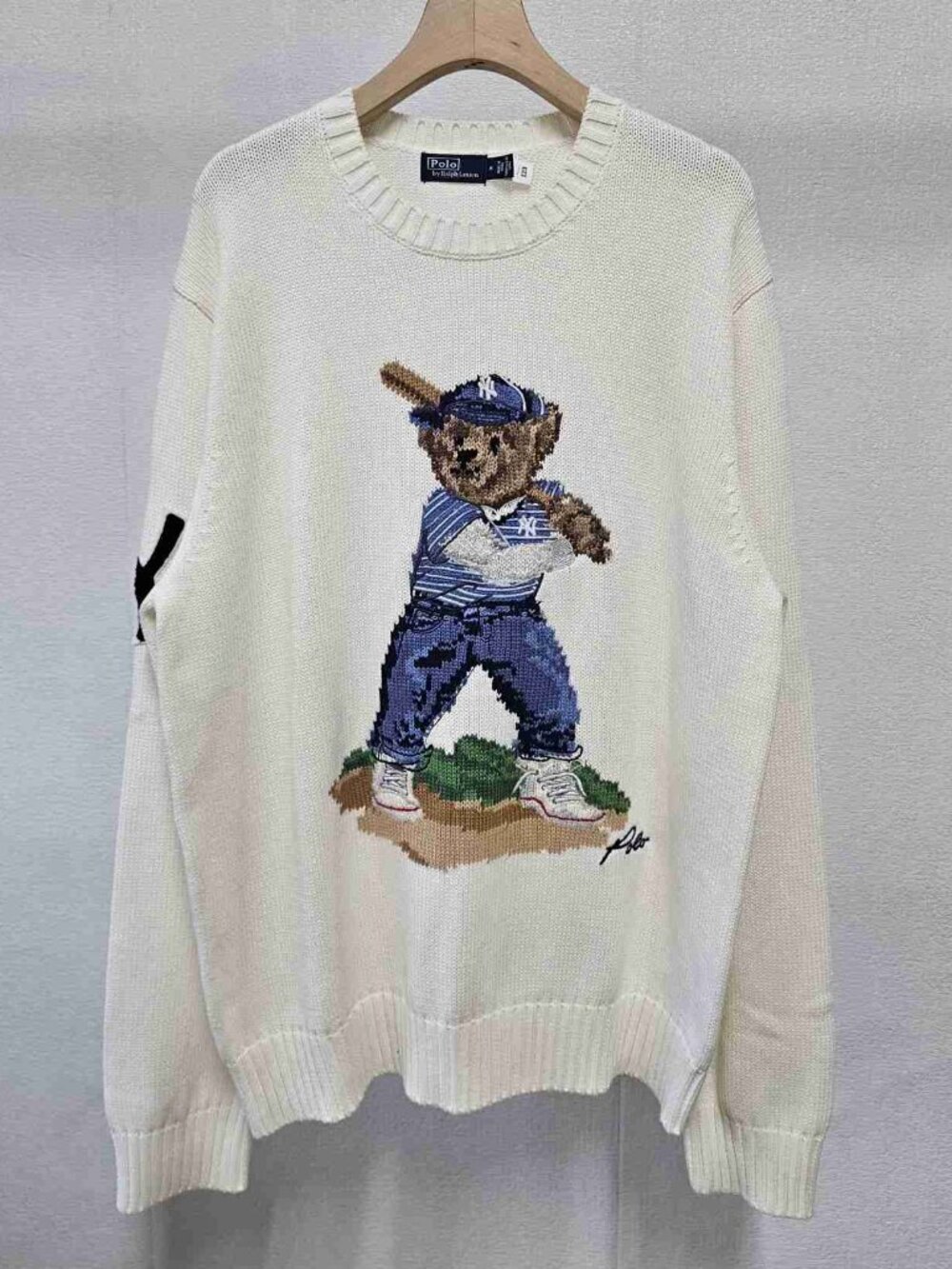 Polo Ralph Lauren Cream Baseball Batter Polo Bear Crewneck Knit Sweater
